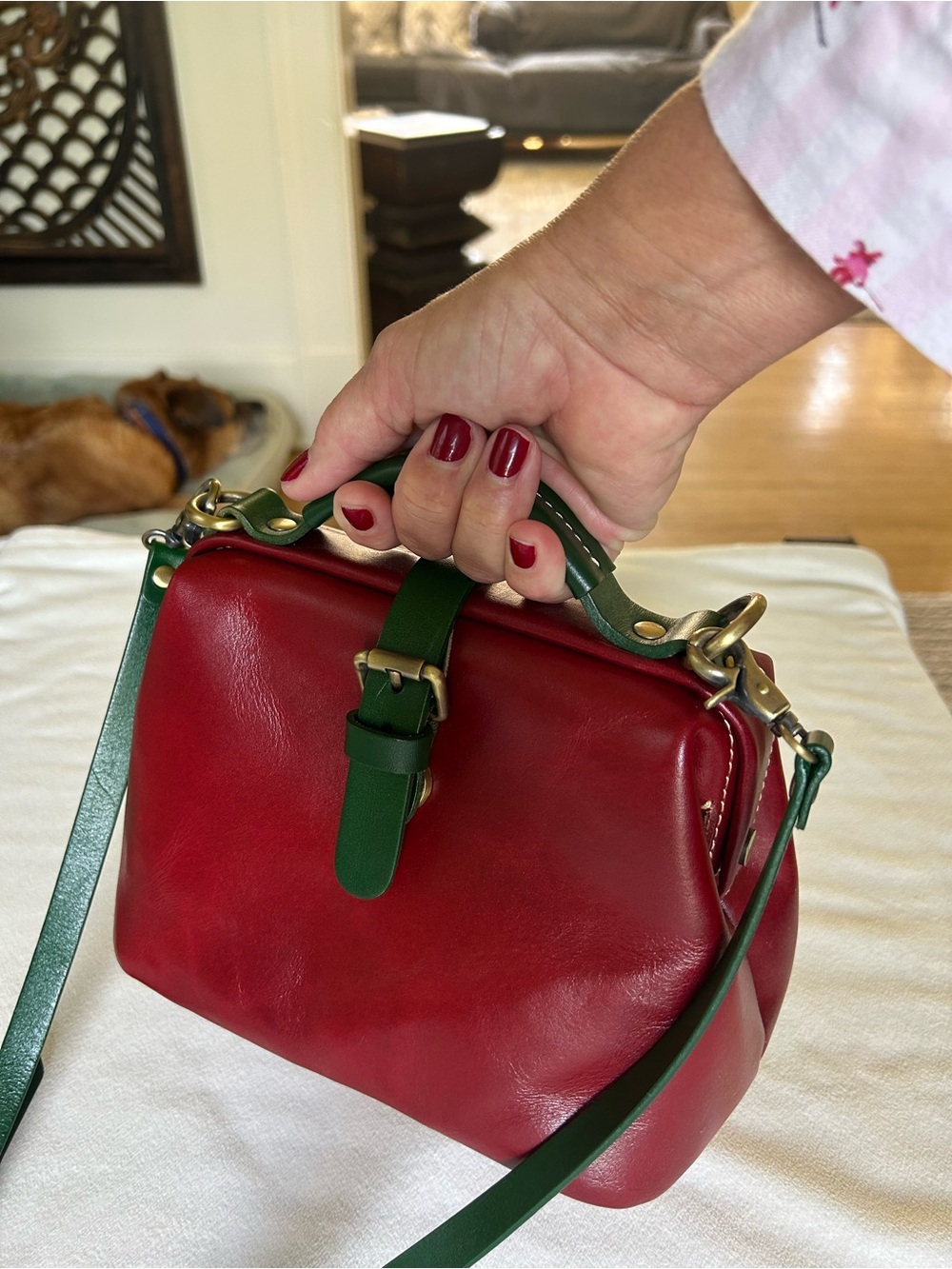 Red Leather Satchel with Green Strap - Classic Top Handle Crossbody - Picture 5 of 13